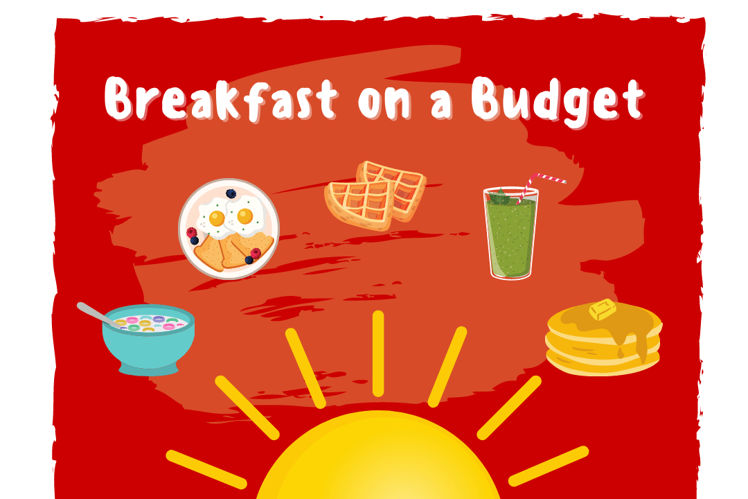"Breakfast on a Budget" breakfast food items such as cereal, eggs, waffles, smoothie, and pancakes floating over a graphic of the sun