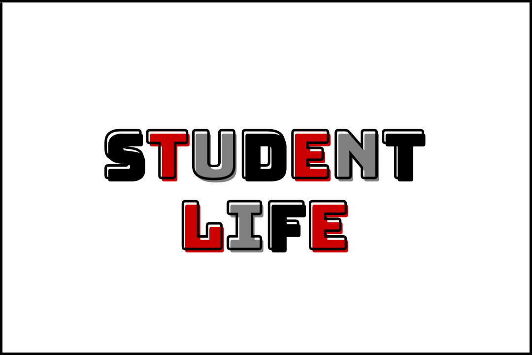 A black outlined box with the words "Student life" in multicolored text in the center