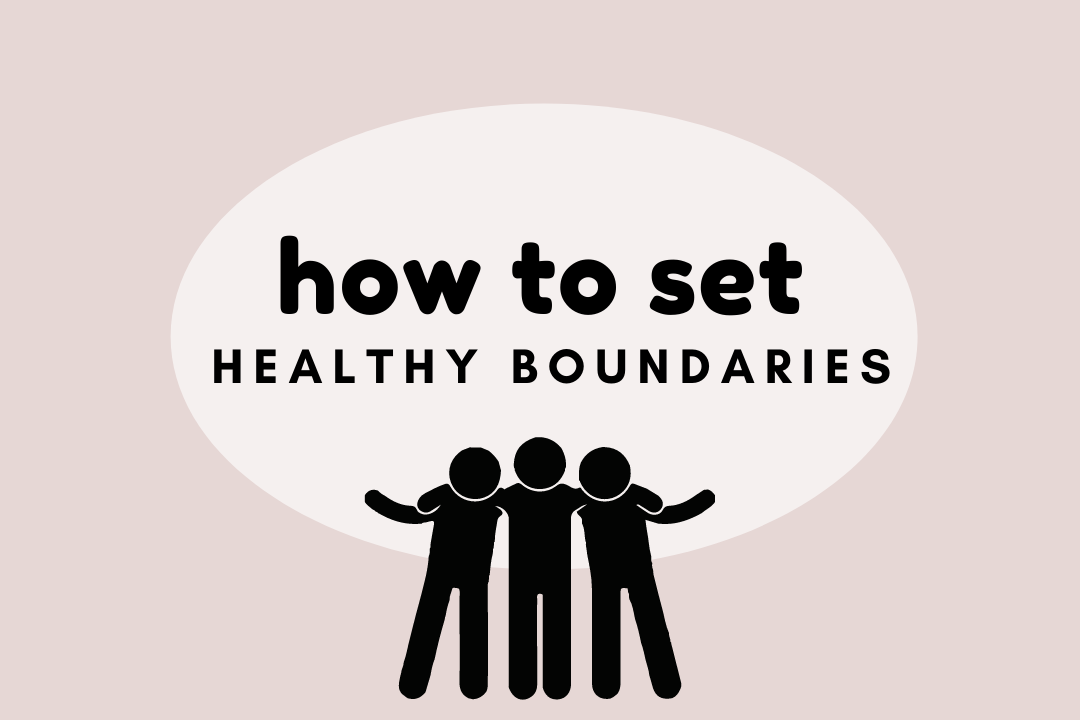 Blush background with the text "How to set healthy boundaries" and a graphic of three people standing together.