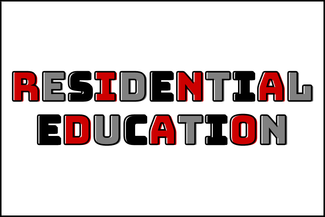 A white background with a black outline. In the center multi colored text reads "Residential Education"