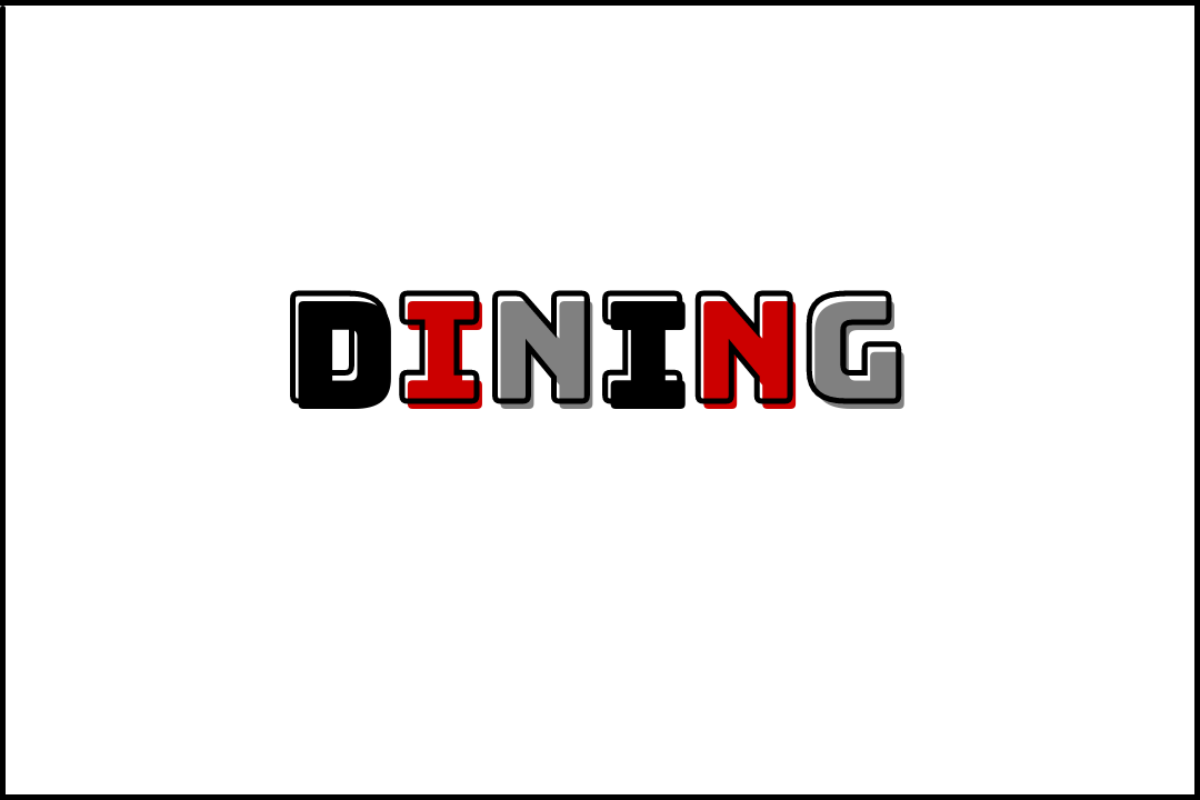 This image is made of a white background with the word "Dining" written on it in red, gray, and black.